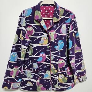 Nick & Nora Pajama Top Womens Flannel Owl Print 100% Cotton Button Up Purple L